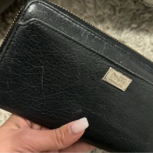 Coach Black Leather Zip Wallet with Gold Plaque